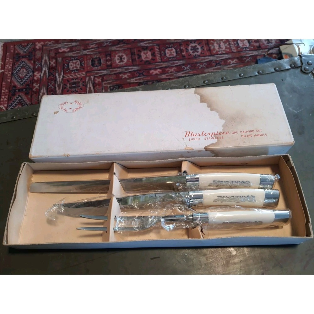 Vintage Masterpiece Super Stainless 3Pc Carving Set Royal Brand Cutlery Co Ivory